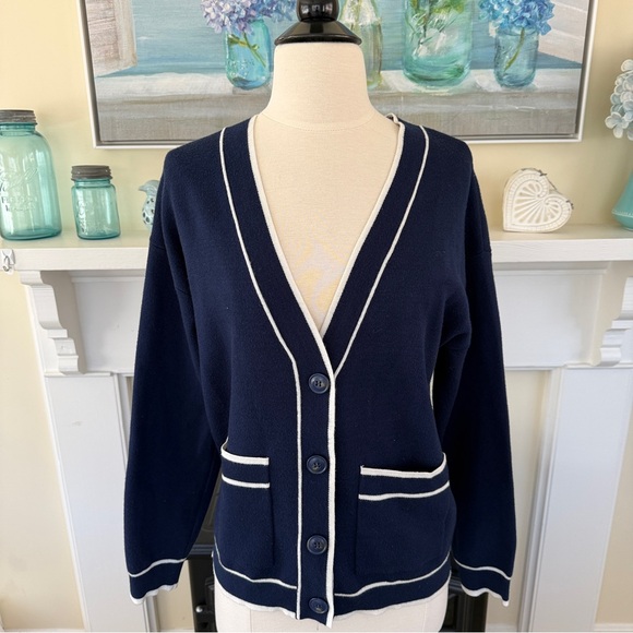 Truth Navy Blue Cardigan with White Trim Size Medium - Picture 6 of 10